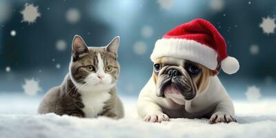 süß Katze und Hund mit ein Santa's Hut im das Schnee Hintergrund mit Raum zum Exemplar, generativ ai. foto