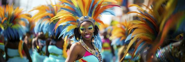 ai generiert bunt Karneval Mädchen im Feder Kostüm. generativ ai foto