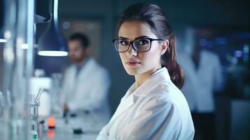 ai generiert schön jung Frau Wissenschaftler tragen Weiß Mantel und Brille im modern medizinisch Wissenschaft Labor mit Mannschaft von Spezialisten auf Hintergrund. Frau Wissenschaftler und Spezialisten im fortgeschritten foto