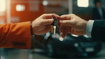 ai generiert Auto Kauf Vereinbarung. Auto Verkäufer Übergabe Über Schlüssel zu Käufer. Fahrzeug Transaktion. Verkäufer vervollständigt Verkauf, Vorbeigehen Auto Schlüssel zu Kunde. foto