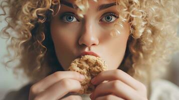 ai generiert ungesund Freude. Frau genießt voller Schokolade Plätzchen im Nahansicht. kulinarisch Genuss. lockig behaart Frau genießt ungesund Plätzchen Snack. diese nett von Snack ist Schlecht zum Ihre Gesundheit. foto