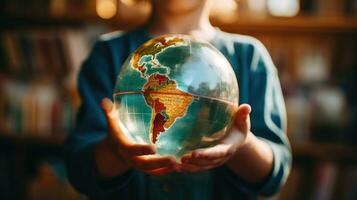 ai generiert global Bildung Konzept. Kristall Globus und Welt Karte gehaltenen durch Kinder. Lernen, Universität, Studie im Ausland, International Geschäft Ausbildung, lehrreich Konzepte. foto