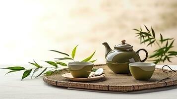 ai generiert Tee Zeremonie mit Teekanne und Grün Tee Blätter auf Weiß Hintergrund, ai generativ foto