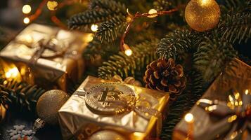 ai generiert golden Bitcoins auf ein Weihnachten Baum mit Geschenke und ein Girlande, ai generativ foto