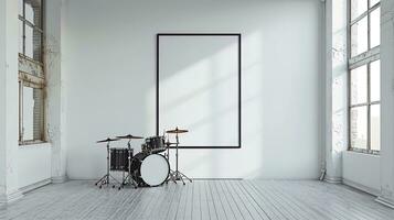 ai generiert 3d machen von Trommel Kit im Weiß Zimmer mit leeren Poster auf Wand, ai generativ foto