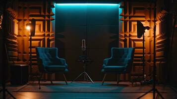 ai generiert Podcast Studio mit zwei Stühle und Lampen minimalistisch Konzept, ai generativ foto