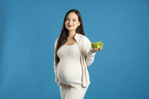 Porträt von schwanger asiatisch Frau, isoliert auf Blau Hintergrund foto