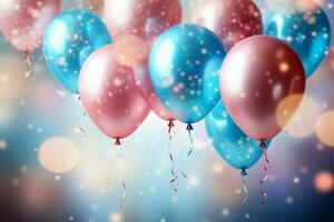 ai generiert beschwingt Geburtstag Hintergrund mit Rosa und Blau Luftballons, Konfetti, funkelt foto