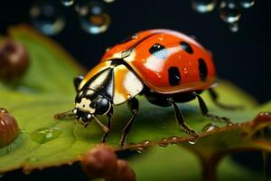 ai generiert Naturen Juwel Marienkäfer im Scharf Fokus gegen ein Grün Blatt Hintergrund foto