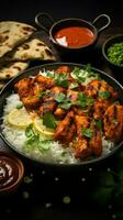 ai generiert indisch kulinarisch Freude Hähnchen Tikka Masala, Basmati Reis, Vorspeisen Vertikale Handy, Mobiltelefon Hintergrund foto