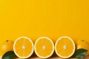 ai generiert Zitrusfrüchte locken frisch orange, Gelb Hintergrund, ein Segeltuch mit Raum foto
