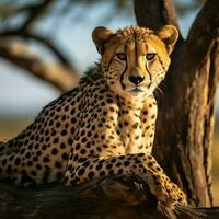 ai generiert Gepard ruhen auf ein Baum Kofferraum im Serengeti National Park, Tansania zum Sozial Medien Post Größe foto