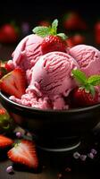 ai generiert Erdbeere Eis Sahne im ein Schüssel mit frisch Erdbeeren, köstlich Vertikale Handy, Mobiltelefon Hintergrund foto