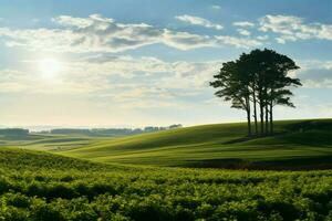 ai generiert biei Träume Verstand Sieben Hügel Baum und Bauernhof Feld im Sommer- foto