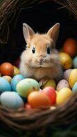 ai generiert süß Hase umgeben durch bunt Eier auf Ostern Sonntag Vertikale Handy, Mobiltelefon Hintergrund foto