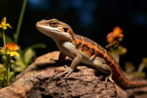 ai generiert sonnendurchflutet Reptil skink genießt Wärme, thront auf ein sonnendurchflutet Felsen foto