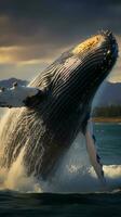 ai generiert Bild Buckel Wal springen aus von das Pazifik Ozean Gewässer, majestätisch Vertikale Handy, Mobiltelefon Hintergrund foto