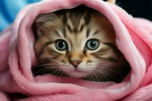 ai generiert süß Kätzchen Post Bad, eingewickelt im ein Rosa Handtuch, Blau Augen foto