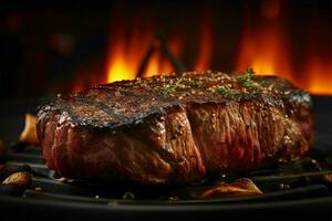 ai generiert brutzelnd Kalbfleisch, Grill Steak, fleischig Freude, gegrillt Perfektion, Grill foto