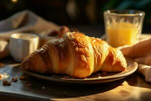 ai generiert Bäckerei Glückseligkeit Frühstück Szene mit Croissant, Tasse, Bokeh Morgen Ambiente foto