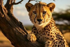 ai generiert Serengeti Schönheit Gepard entdeckt auf ein Baum Stamm, Tansania foto