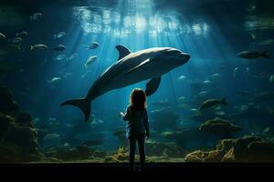 ai generiert silhouettiert Kind Wunder beim Delfine durch das Aquarien transparent Glas foto