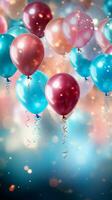 ai generiert bunt feierlich Hintergrund, mit Luftballons, Konfetti, funkelt, und Beleuchtung Vertikale Handy, Mobiltelefon Hintergrund foto