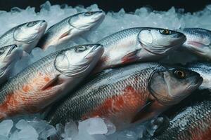ai generiert frisch Fisch Markt Szene Süss Wasser Lachs bedeckt mit Eis foto