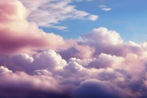 ai generiert Pastell- Träume Kumulus Wolken erstellen ein still Rosa lila Wolkenlandschaft foto