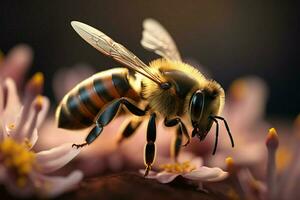 ai generiert Pollen Ernte schließen oben von Bienen im realistisch Flug, Sammeln Nektar foto