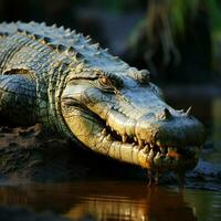 ai generiert beeindruckend Nil Krokodil auf Flussufer, präsentieren Naturen mächtig Raubtier zum Sozial Medien Post Größe foto