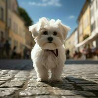 ai generiert bezaubernd wenig maltesisch Hund Stehen auf ein urig Kopfsteinpflaster Straße zum Sozial Medien Post Größe foto
