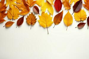 ai generiert Kopieren Raum Blätter Herbst Blätter auf Weiß Hintergrund, Erstellen ein froh Atmosphäre foto