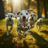 ai generiert Dalmatiner Hunde Scherz und abspielen auf Grün Gras im das Park zum Sozial Medien Post Größe foto
