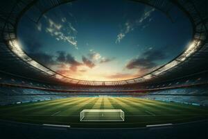 ai generiert Horizont trete aus Fußball oder Fußball Stadion gegen ein lebendig Himmel foto