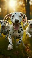 ai generiert süß und komisch Dalmatiner Hunde Gruppe spielen auf Grün Gras Vertikale Handy, Mobiltelefon Hintergrund foto
