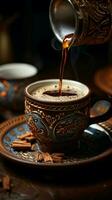 ai generiert aromatisch Türkisch Kaffee Gießen von cezve in ein dekoriert Tasse Vertikale Handy, Mobiltelefon Hintergrund foto