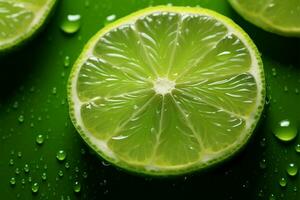 ai generiert Grün Tröpfchen frisch Limette Scheibe geschmückt mit Wasser Tröpfchen auf Grün foto