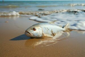ai generiert Naturen Melancholie leblos Fisch auf das sandig Strand mit Wellen foto