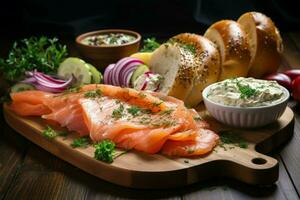 ai generiert hölzern Tafel Präsentation Bagel Brunch mit geräuchert Lachs und Sahne foto