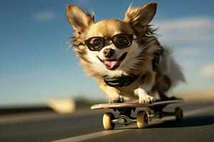 ai generiert Haustier Chihuahua auf ein Skateboard, präsentieren es ist komisch und unterhaltsam Seite foto