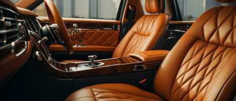 ai generiert Luxus Auto Innere mit bräunen Leder Sitze, klassisch Eleganz. ai generativ. foto