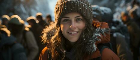 ai generiert Foto von ein froh jung Frau auf ein Winter Abenteuer, ihr Lächeln ausstrahlen Glück gegen ein schneebedeckt Hintergrund.