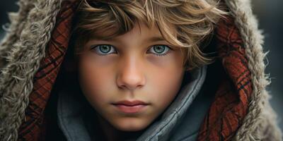 ai generiert warm, einladend Bild von ein Junge im ein mit Kapuze Mantel. ai generativ. foto