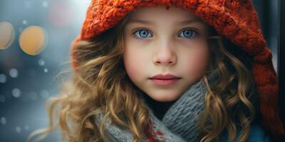 ai generiert Mädchen im Winter Mantel und Orange Schal. ai generativ. foto