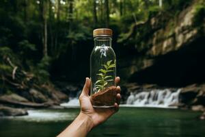 ai generiert Null Plastik, umweltbewusst Leben mit nachhaltig Flasche. foto