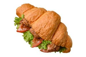 köstlich frisch knusprig Croissant mit Hähnchen oder Rindfleisch Fleisch, Kopfsalat, Tomaten, Gewürze und Soße foto