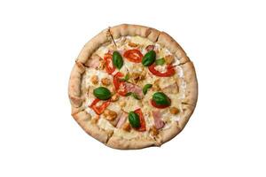 köstlich heiß Pizza mit Huhn, Tomaten, Käse und Speck, mit Salz- und Gewürze foto