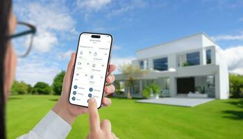 Frau Kontrollen Temperatur und Zuhause Geräte mit ein Clever Zuhause App. modern, umweltfreundlich Haus mit Grün Hof im Hintergrund foto