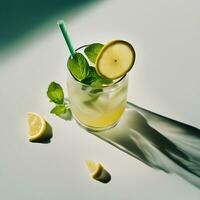ai generiert ein Glas von Limonade mit ein Zitrone Scheibe und Minze Blätter foto